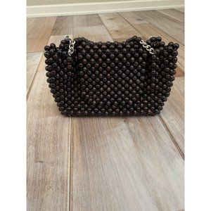 Vintage Wood Beaded Purse Handbag Brown Bag 50s 60s Japan Gold Chain gogo mod